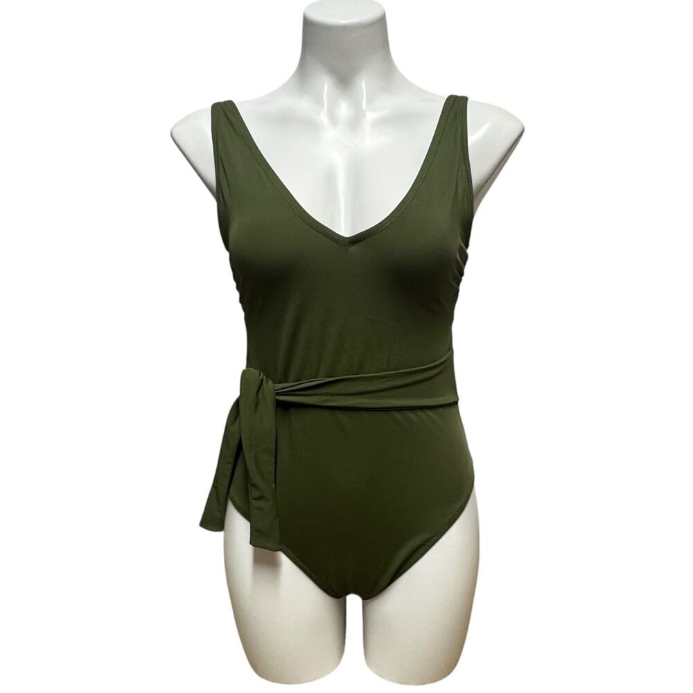 Shade & Shore Plunge Tie-Wrap One-Piece Swimsuit Olive Green Medium